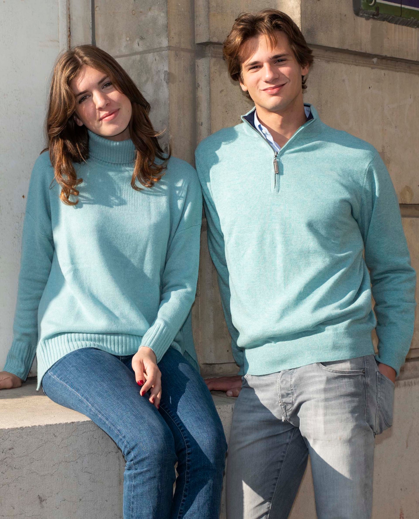 Pull zip camionneur 100 cachemire vert d eau