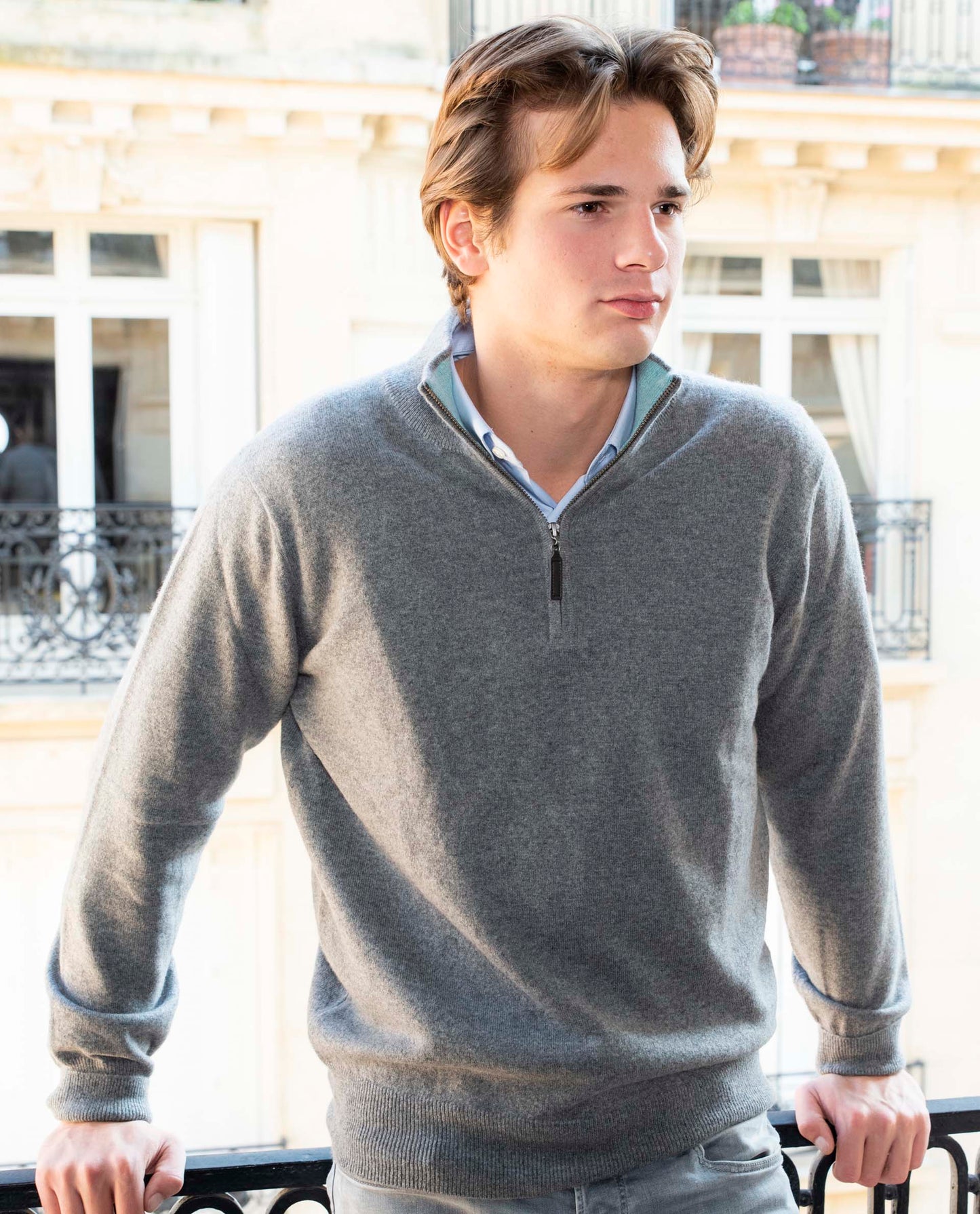 Pull zip camionneur 100 cachemire Gris moyen