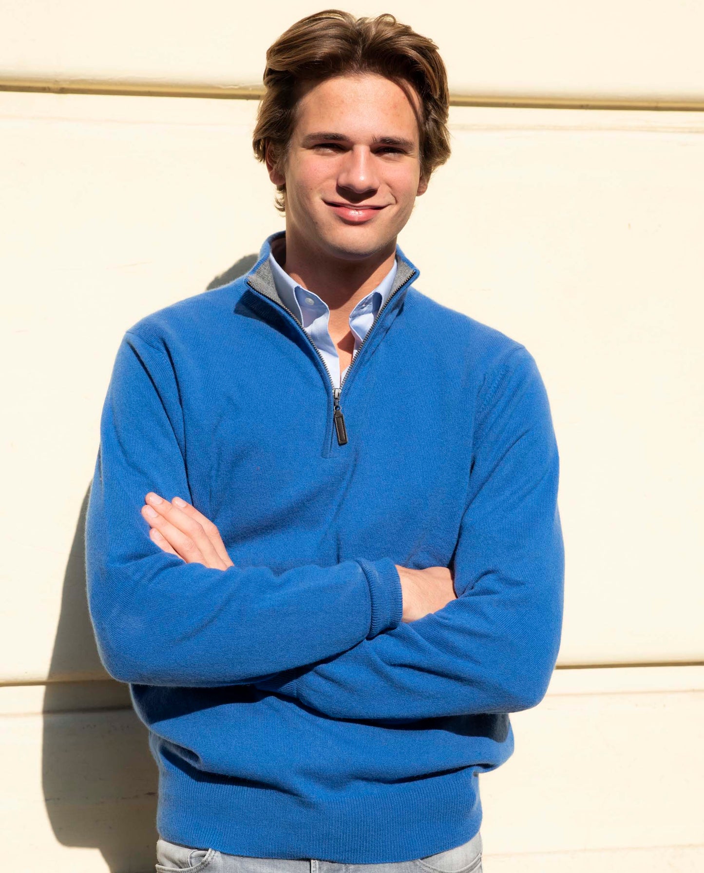 Pull zip camionneur 100 cachemire bleu cobalt