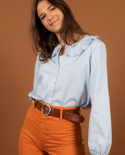 Blouse grand col volanté rayure ciel
