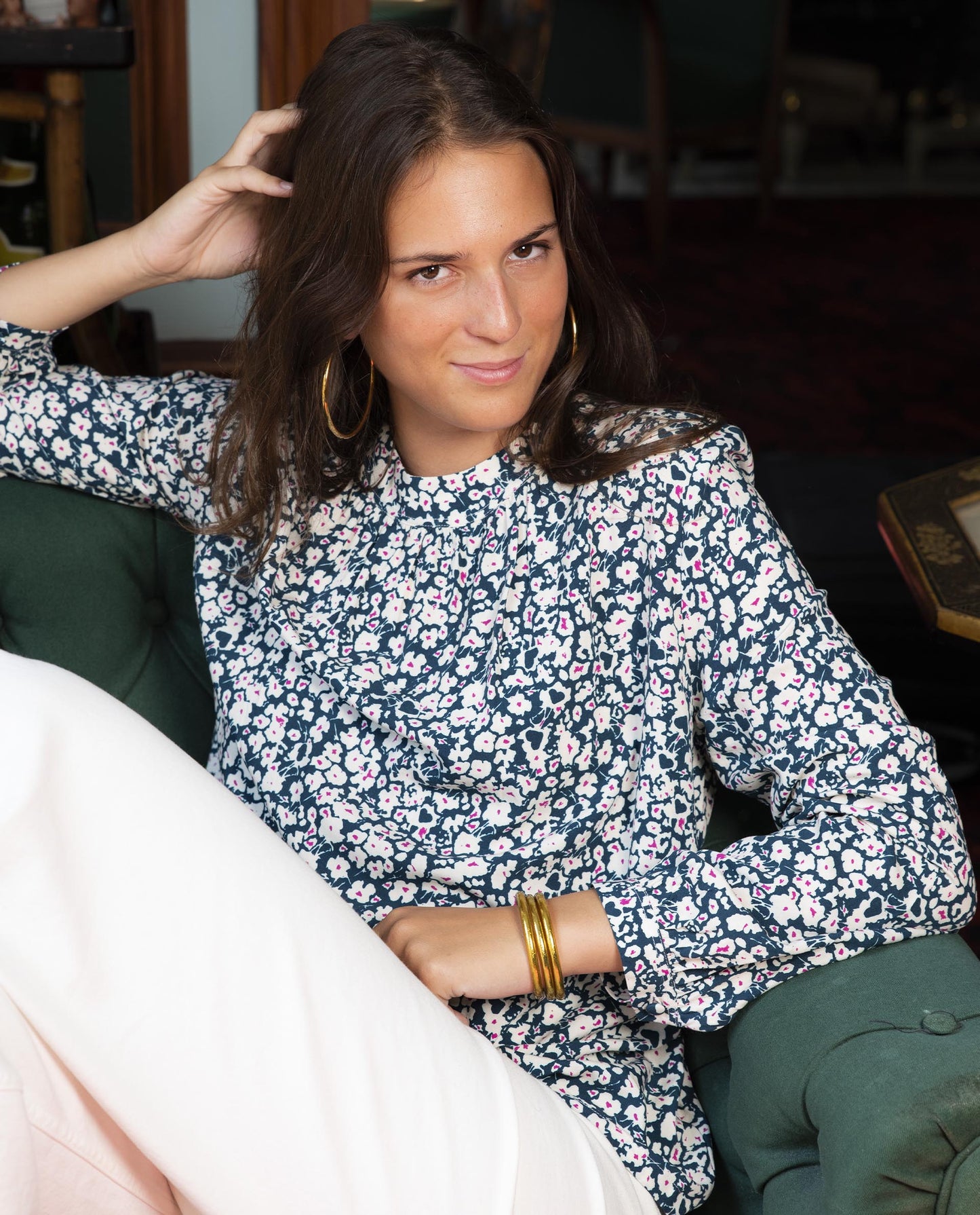 blouse froncée imprimé fleur blanc/rose