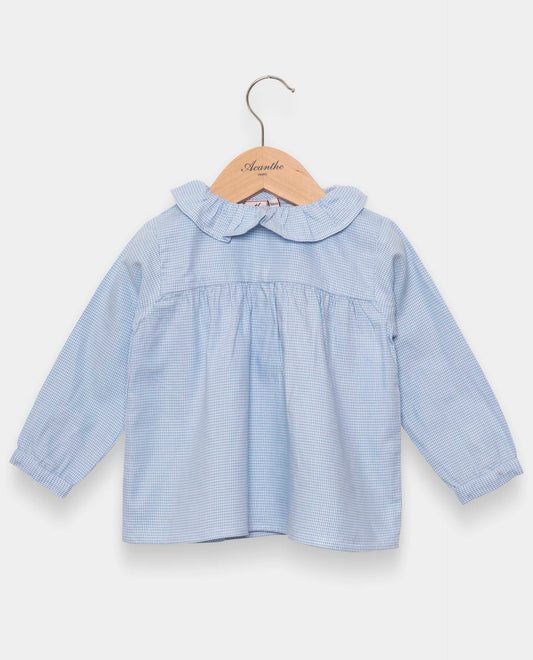 blouse col volanté flanelle pied de poule ciel