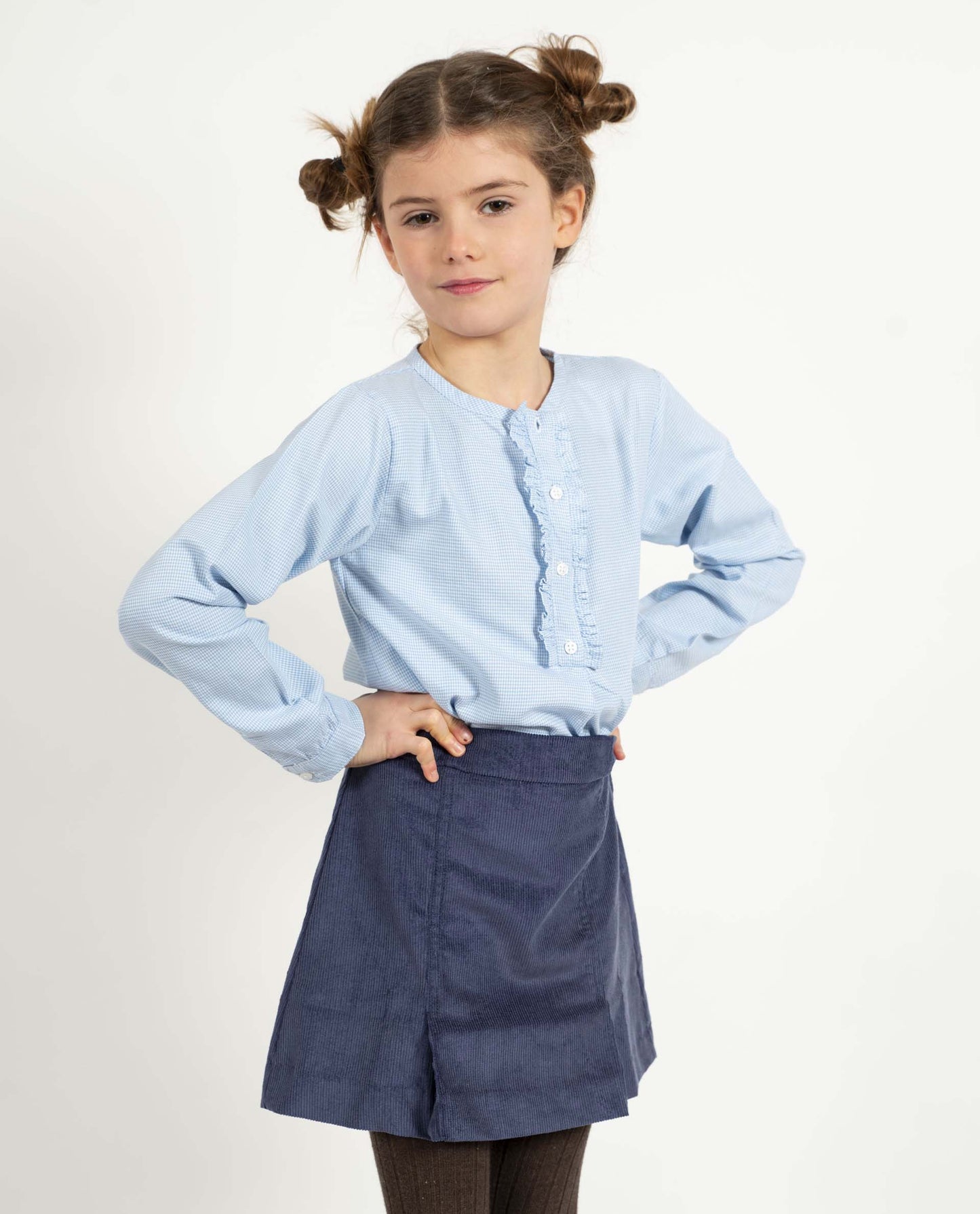 blouse ml volant devant flanelle pied de poule ciel