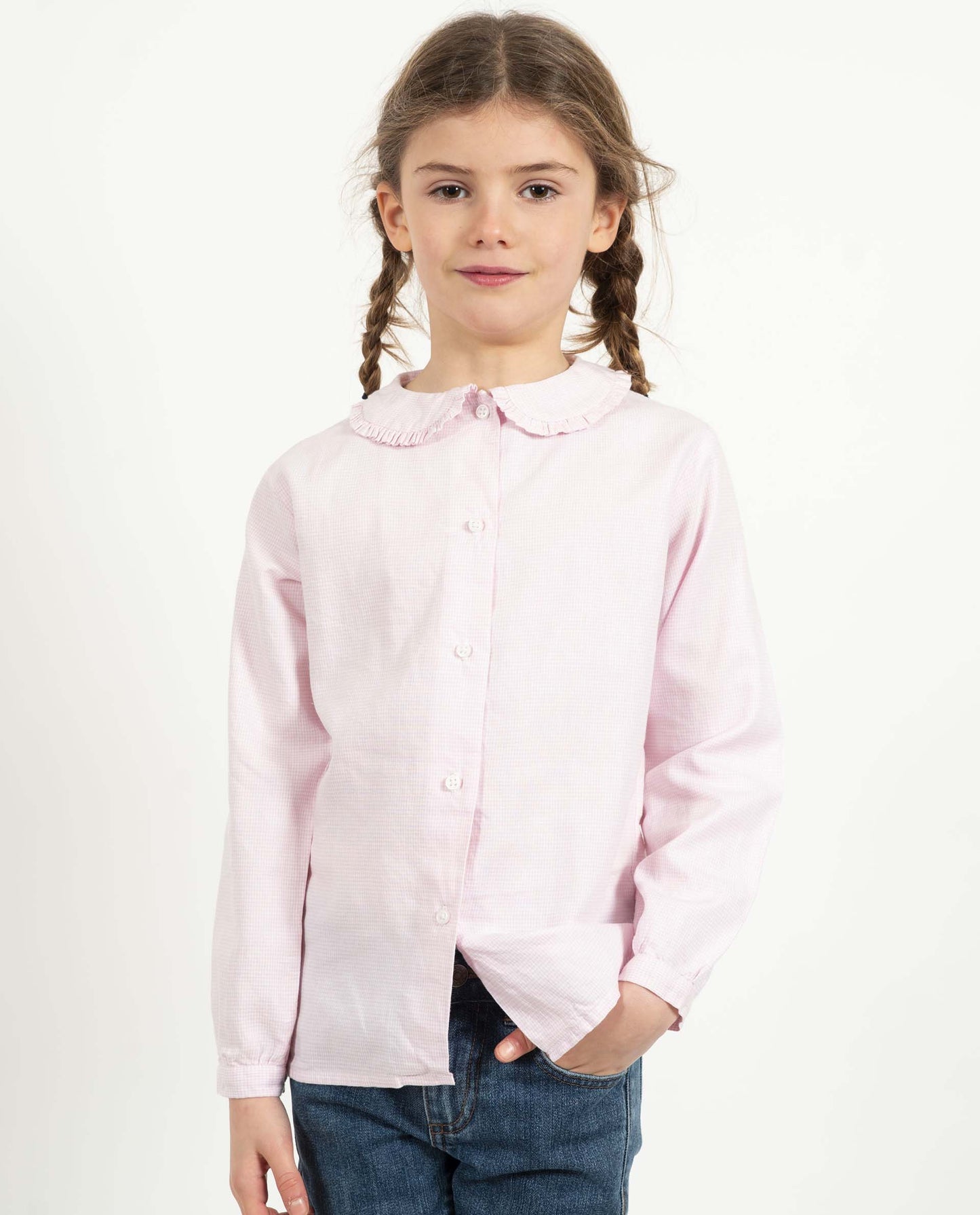 chemisier ml col rond flanelle pied de poule rose