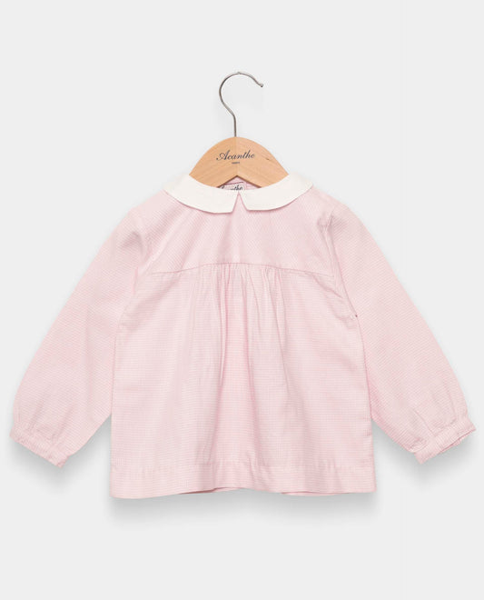 blouse col carré flanelle pied de poule rose