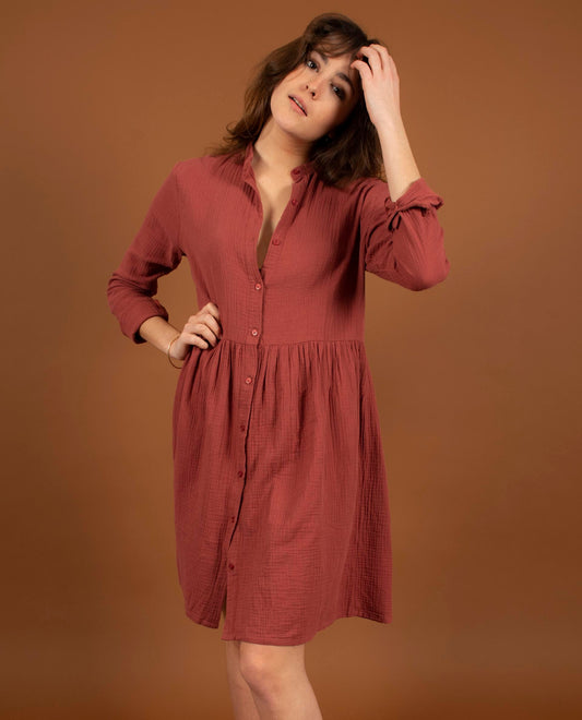 robe col mao gaze de coton terracotta