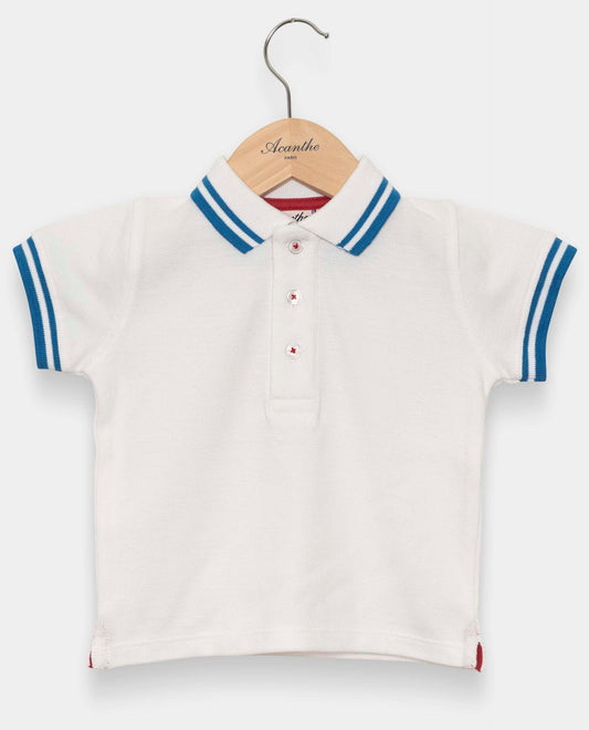 polo piqué garçon mc blanc/bleu