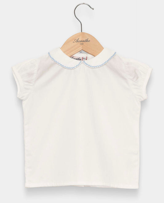 chemisier col rond btns dos mc blanc liseré ciel