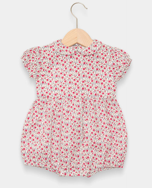 barboteuse col rond manches ballon imprimé fleur fushia