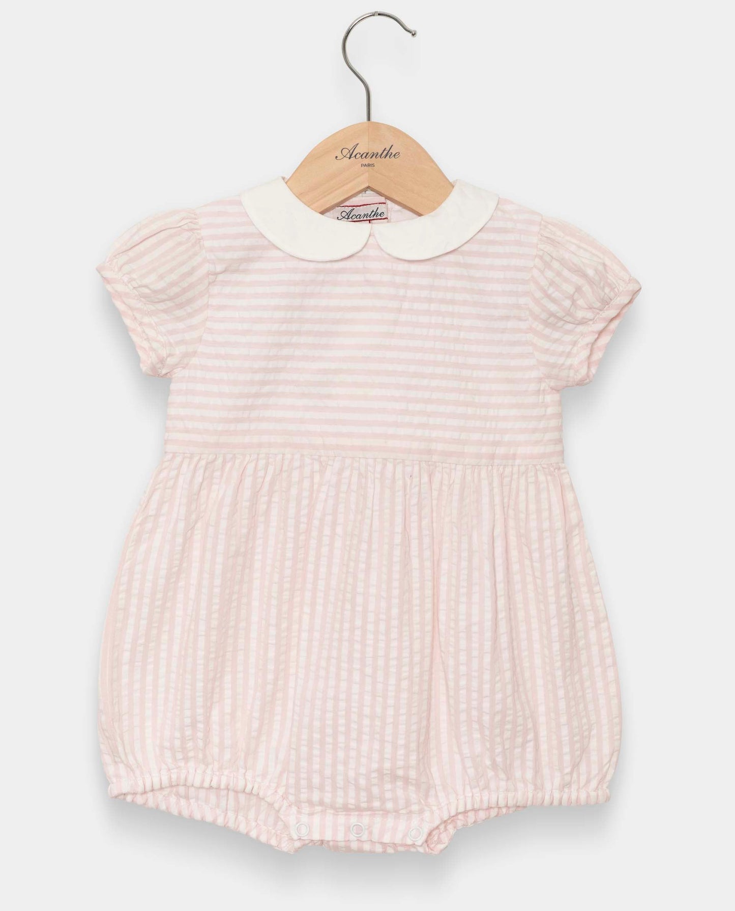 barboteuse col rond manches ballon seersucker rayure rose