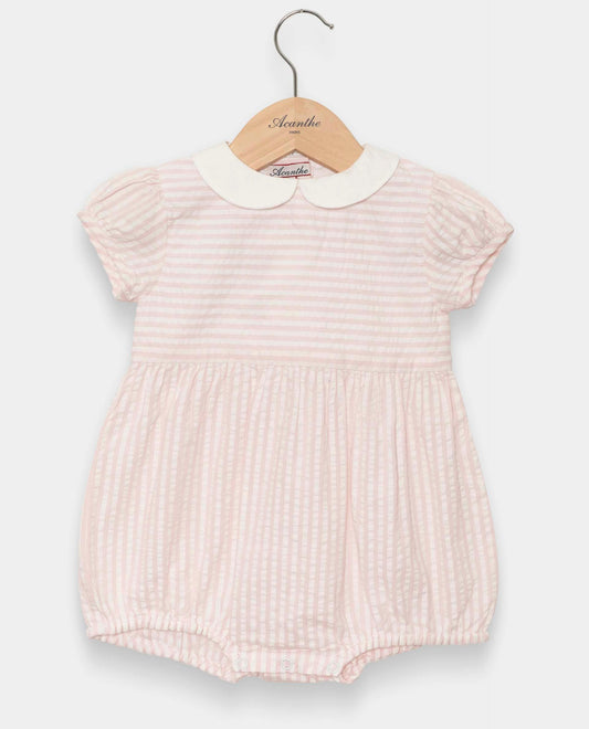 barboteuse col rond manches ballon seersucker rayure rose