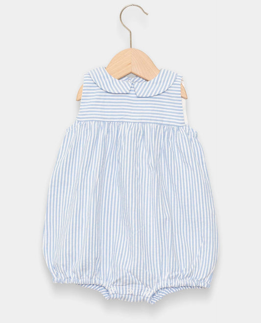 barboteuse col carré sans manches seersucker rayure ciel