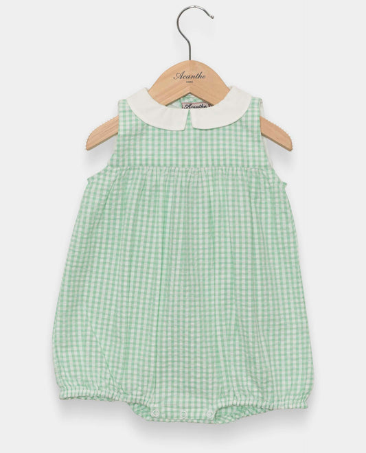barboteuse col carré sans manches seersucker vichy vert