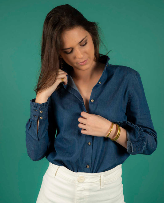 chemisier col et poignets à  volants denim Denim