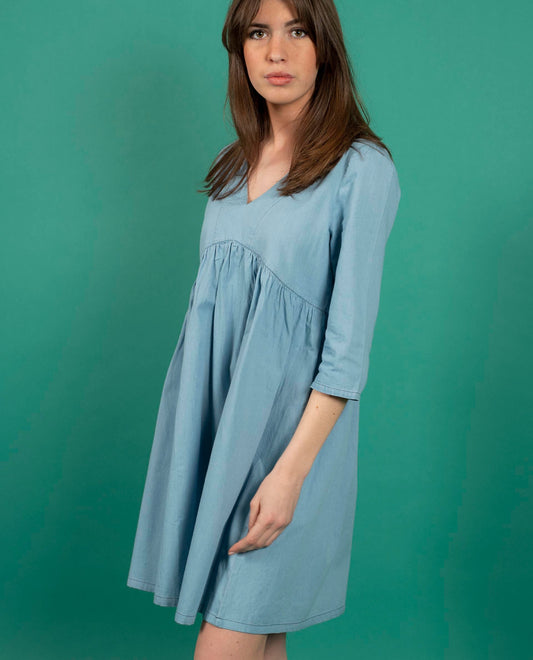 robe V denim manches 7/8 denim clair