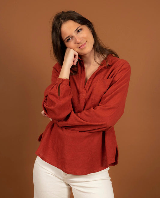 blouse col mao crépon terracotta