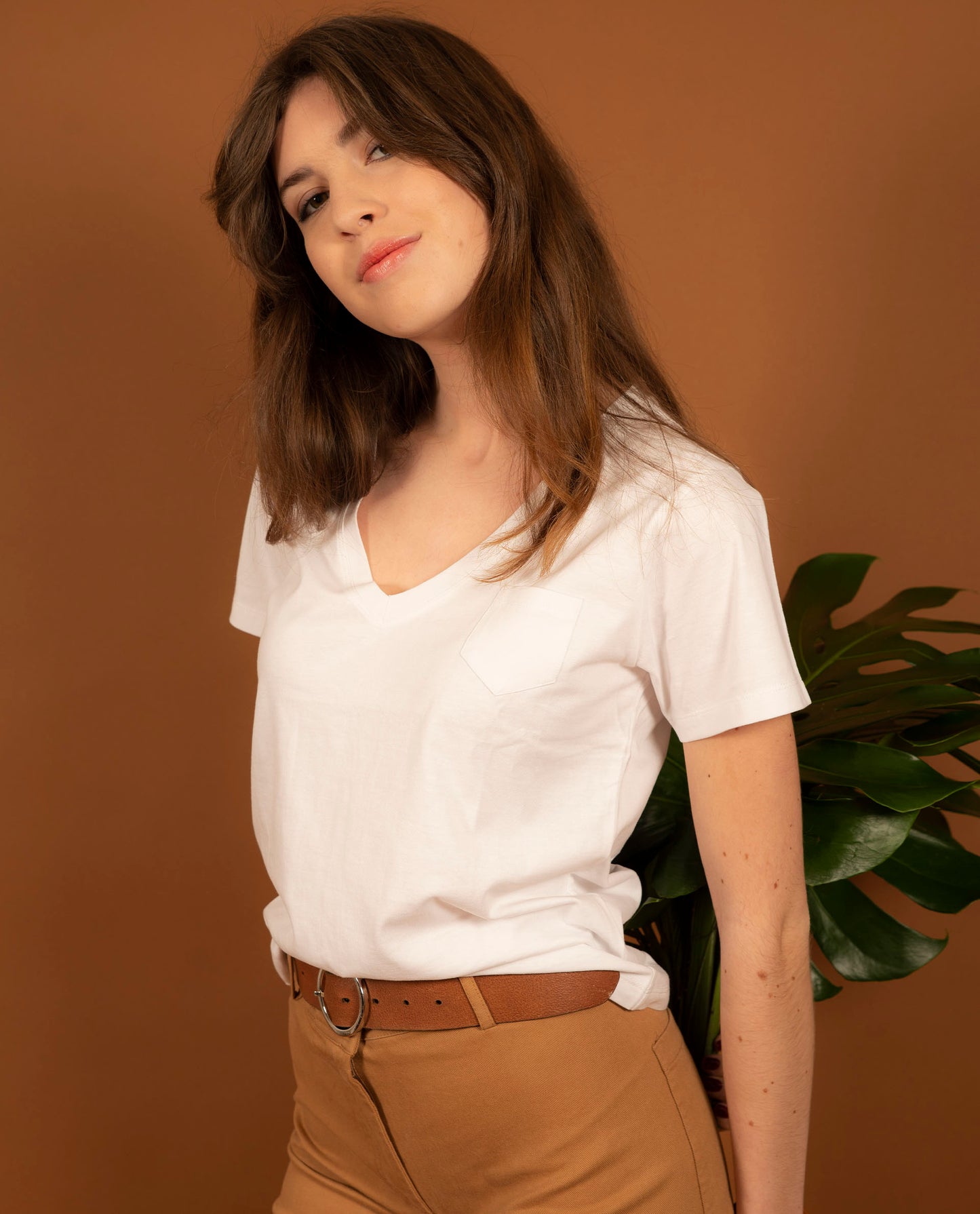 tee shirt col V coton Blanc