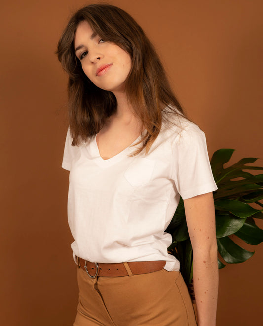 tee shirt col V coton Blanc