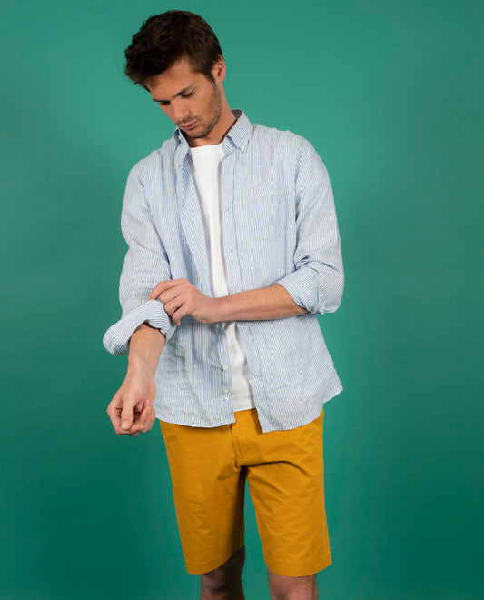 chemise col mao lin rayé bleu