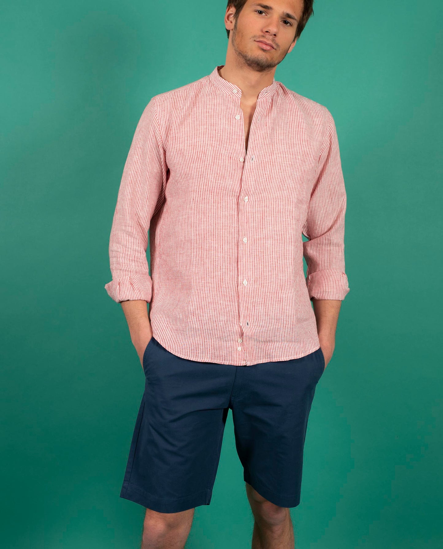 chemise col mao lin rayé rouge