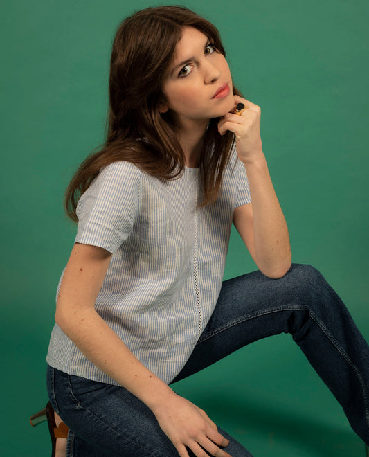 blouse mc galon lin rayé bleu