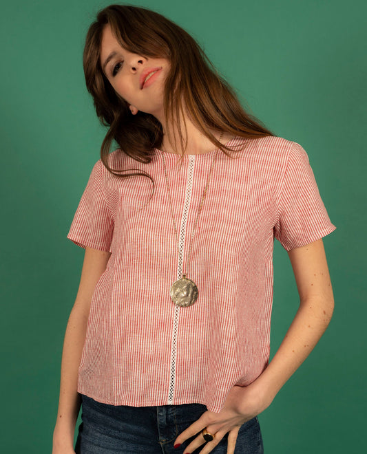 blouse mc galon lin rayé rouge