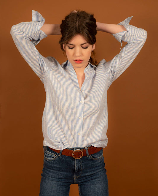 chemisier classique lin rayé bleu