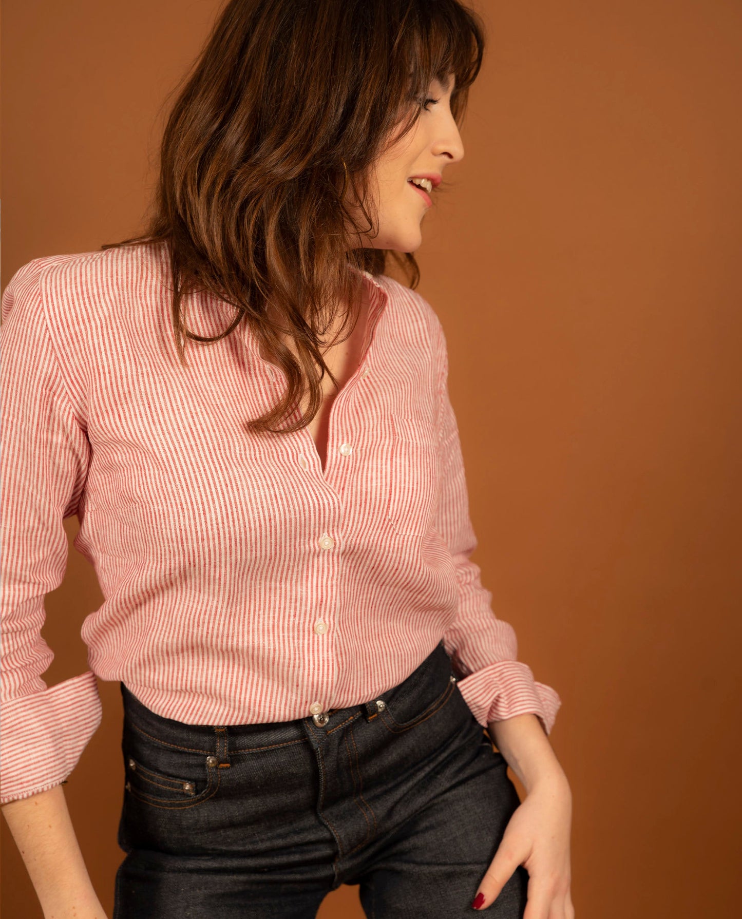 chemisier col mao lin rayé rouge