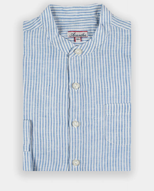 chemise col mao lin rayé bleu