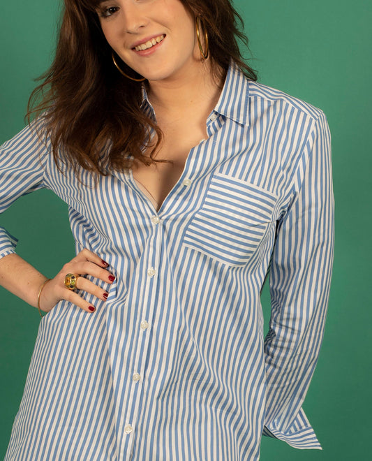 robe chemise poche coton rayé blanc/bleu