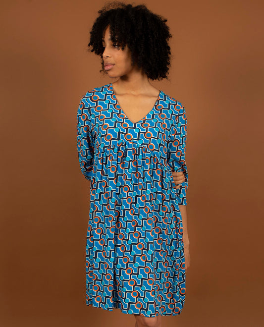 robe V manches 7/8 viscose imprimé géométrique bleu