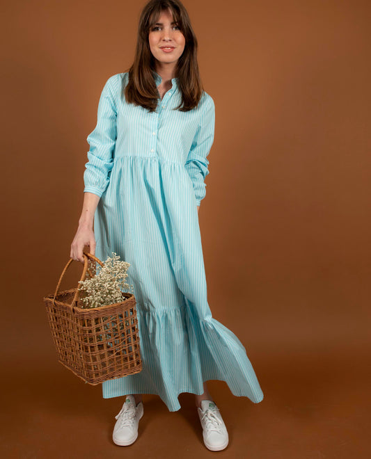 robe longue col mao coton rayé lagon/blanc