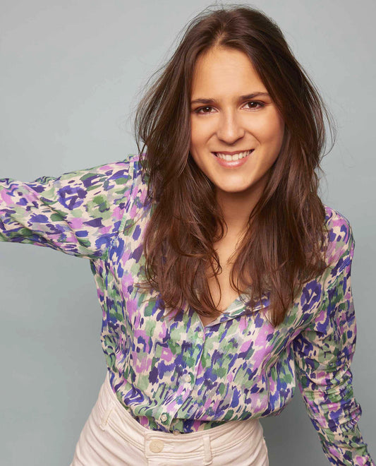 chemisier classique pli rond voile de coton imprimé bleu/vert/rose