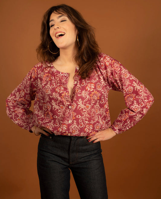 blouse bohème voile de coton imprimé fond rose