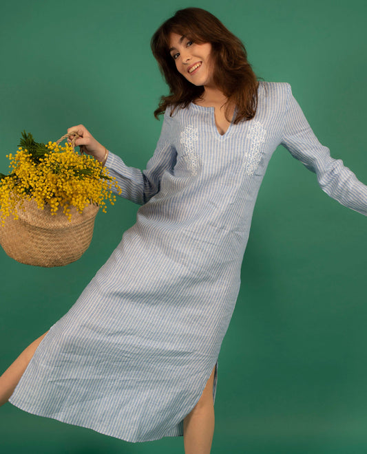 robe longue encolure tunisienne lin rayé bleu