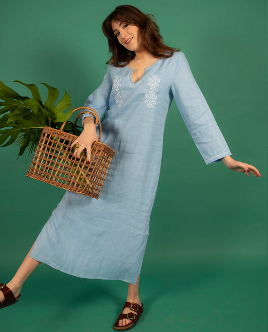 robe longue encolure tunisienne lin dutch blue