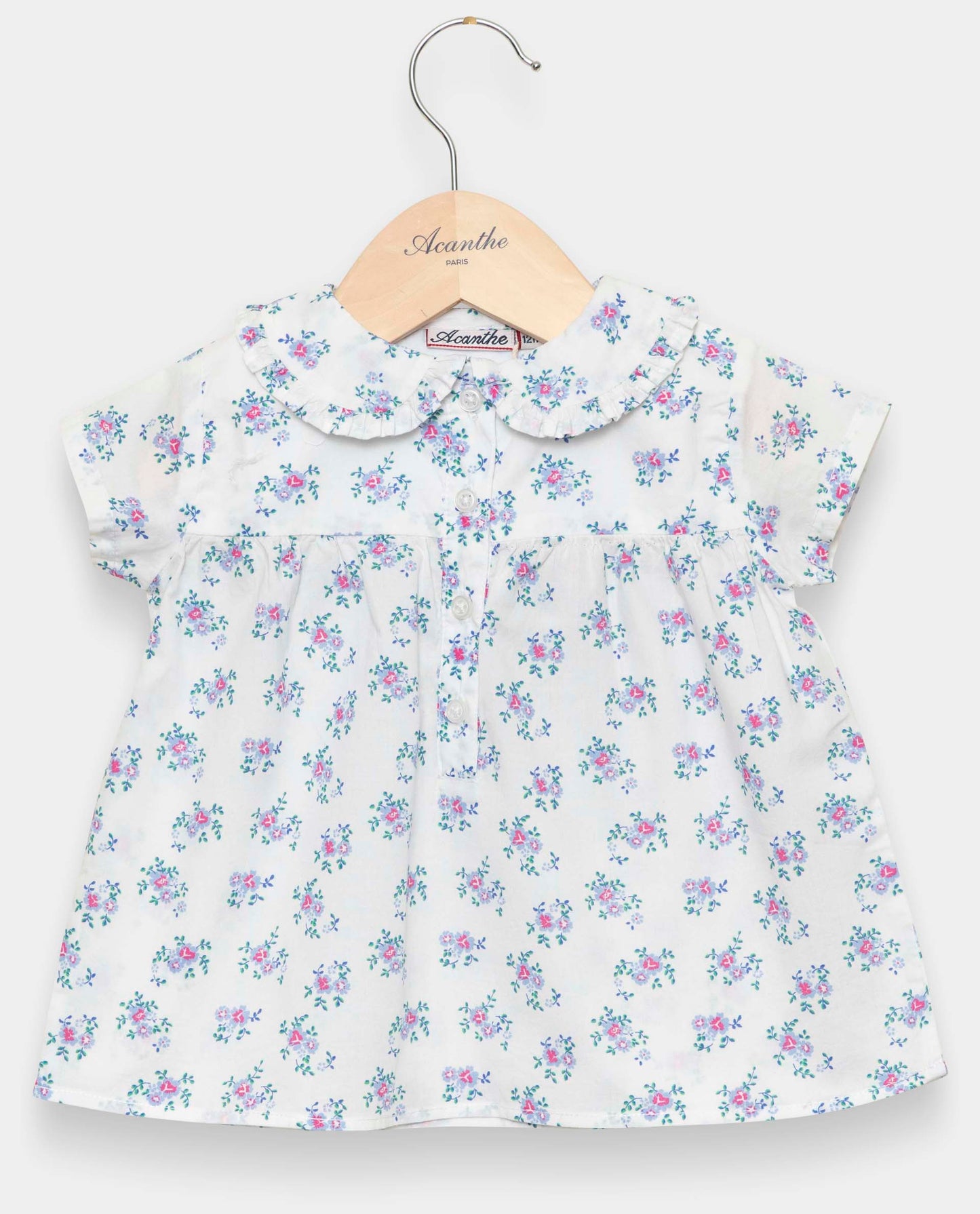 chemisier col volanté imprimé fleur ciel/rose