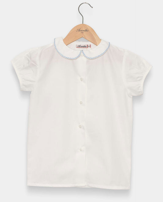 chemisier col rond manches ballon blanc liseré ciel