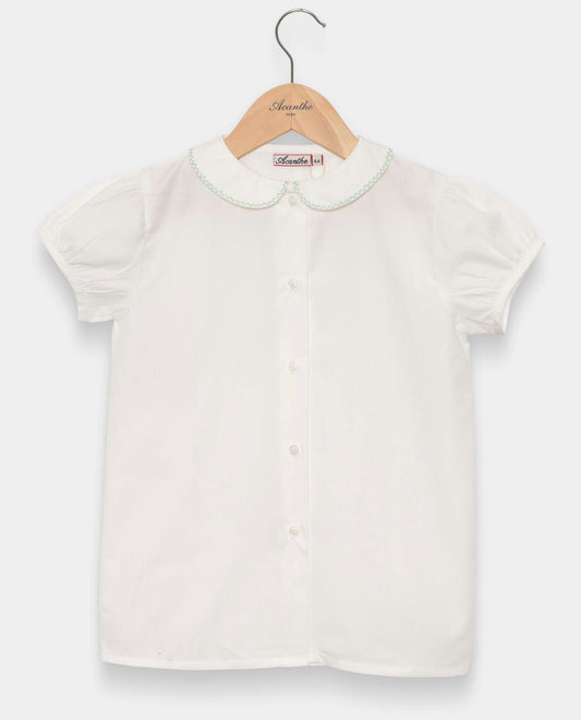 chemisier col rond manches ballon blanc liseré vert