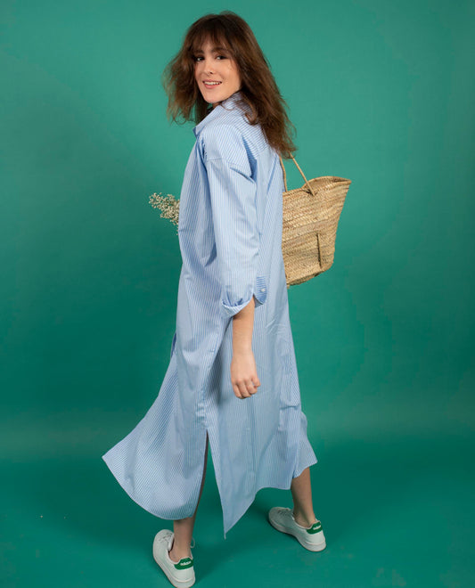 robe longue fendue coton rayé blanc/bleu