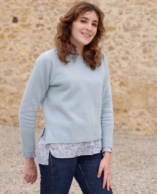 pull col rond fentes cà´tés 10 cachemire bleu grisé