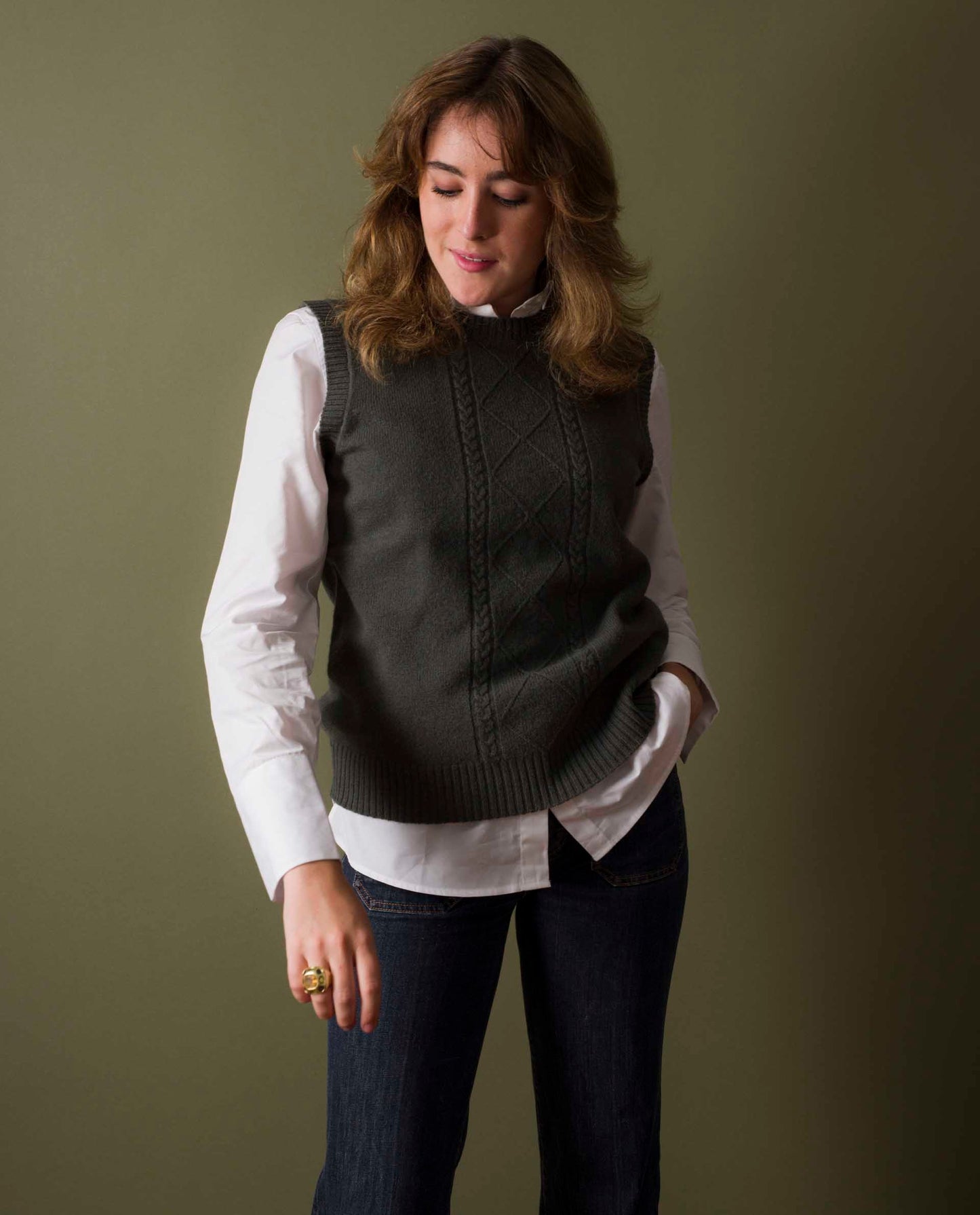 pull col rond sans manches femme kaki en 100% laine