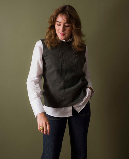 pull col rond sans manches femme kaki en 100% laine