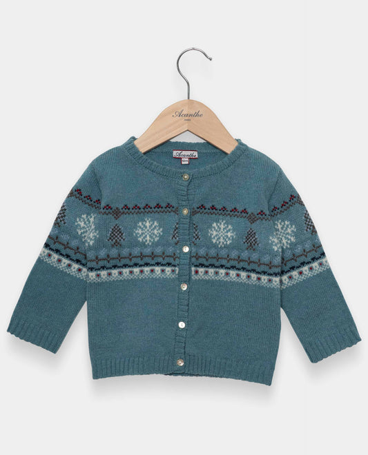 cardigan col rond jacquard 100 lwl Vert