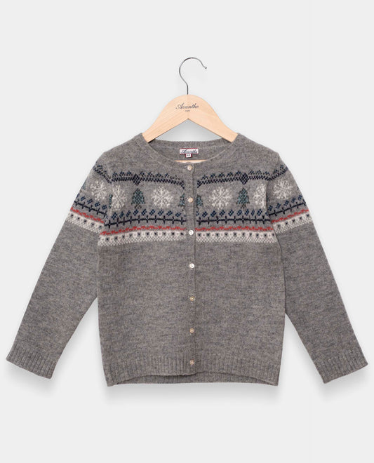 cardigan col rond jacquard 100 lwl Gris