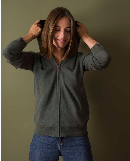 pull à  capuche 100 cachemire Kaki