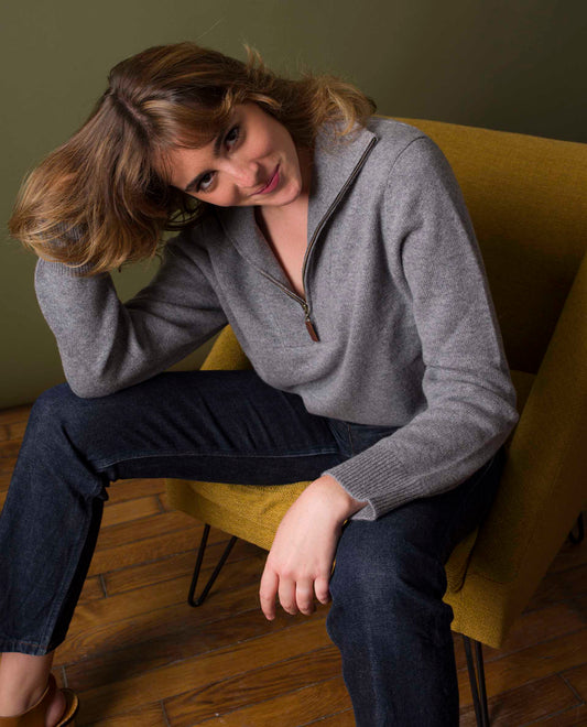 pull col zippé 100 cachemire Gris moyen