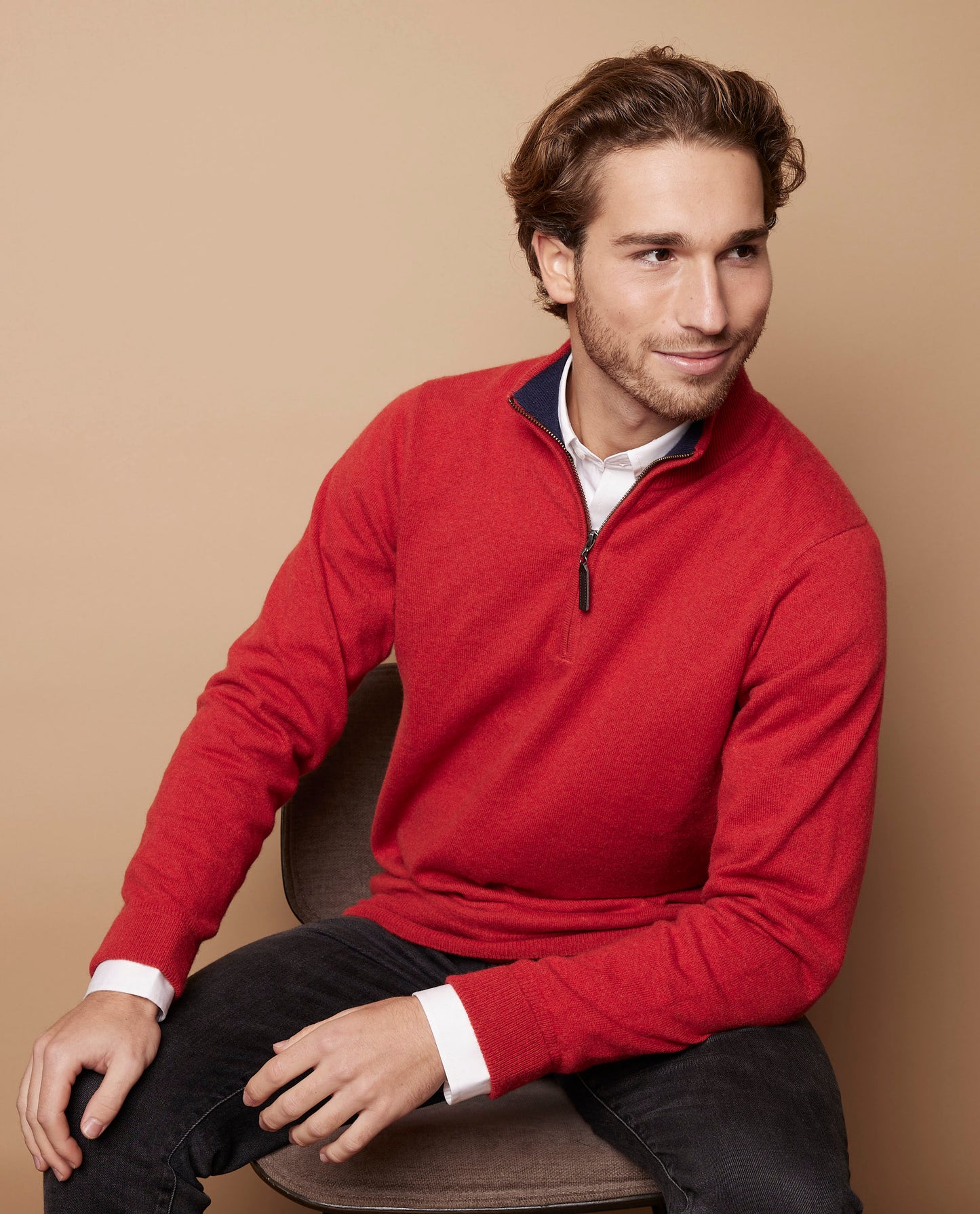 Pull zip camionneur 100 cachemire brique