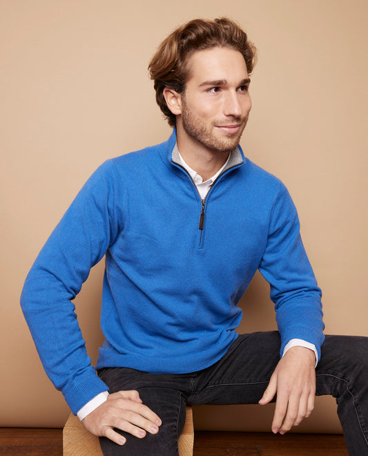 Pull zip camionneur 100 cachemire bleu cobalt