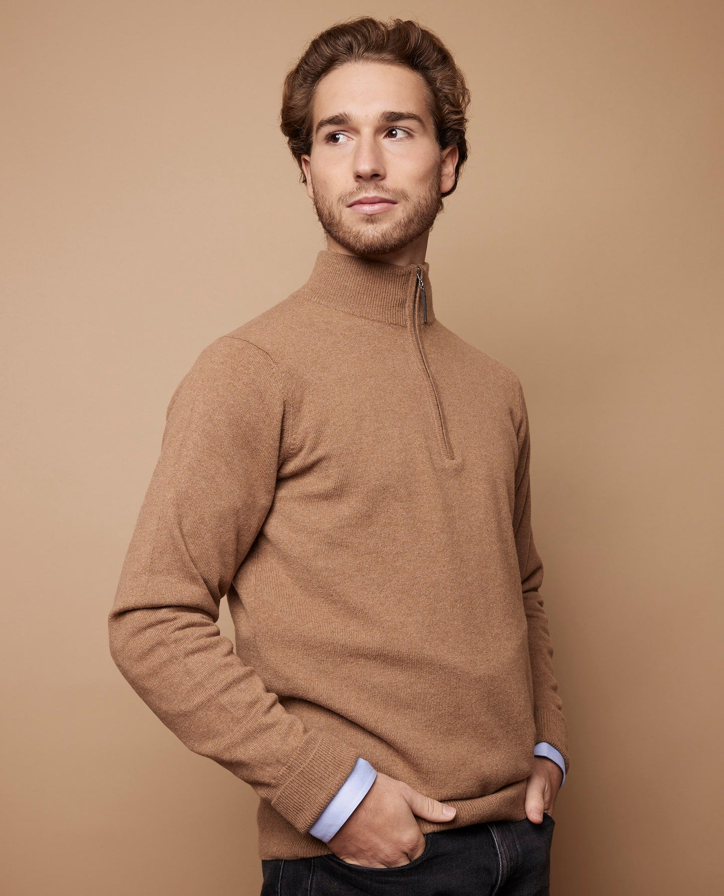Pull zip camionneur 100 cachemire camel